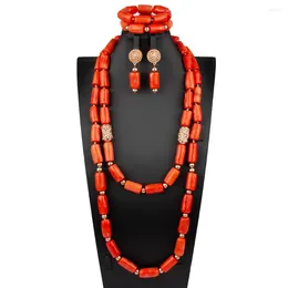 Necklace Earrings Set 2Rows Orange Coral Bracelet Nigerian Dubai Wedding African Bridal Beads Jewellery For Women(Round)