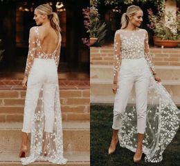 Jumpsuit Boho elegant för brud bateau nack spets bröllopsklänning brudklänningar rygglös illusion långa ärmar country robe mariage