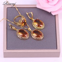 Sets 6 Colors Unique Gray Zircon Rose Gold Jewelry For Women Shiny Party Jewelry Adjustable Ring Earrings Necklace Set Bridal Jewelry
