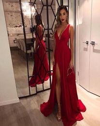 New Sexy abiye gece elbisesi Evening Gowns for Women VNeck High Side Slit ALine Sleeveless Simple Long Red Prom Dress1073245