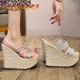 Dress Shoes Straw Hemp Rope Bottom Sandals Korean Style Bling Rainbow Platform Slides Walk Show Wedges Women Sweet Wedding High Heels H240325