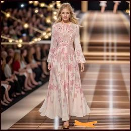 2024 Runeway Designer Woman Maxi Dress Long Puff Sleeve High Waist Embroidery Floral Print Elegant Dress Clothes Holiday Vacation