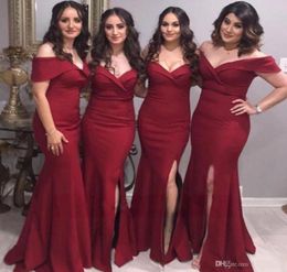 Cheap Mermaid Burgundy Bridesmaid Dress 2020 Wedding Guest Dresses Off the Shoulder Prom Gowns With Split Slit6735153