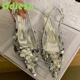 Women High Heels Sandals Pumps Female Slingbacks Footwear In Fashion Glitter Bling Thin Heel Shoes Ladies Sandals 240304