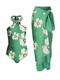 Women's Swimwear Green Floral Print Hanging Neck Sexy Tie Design Bikini One Piece Swimsuit And Long Cover Up 2024 Fashionable Designs