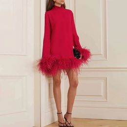 Evening Party Dress Mini Red Feather Long Sleeves Luxury Womens Cocktail Gowns Short A Line High Collar Cut Out Sexy Party Gown 240320