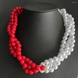 Chains Fashion Handmade Sorority Society Women's Jewelry Red And White Simulated Pearl Twisted Multi-layer Necklace Choker