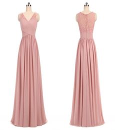 Dusty Rose Pink Chiffon Lace Bridesmaid Dresses V Neck Pleated Ruffles Floor Length Long Bridesmaid Gowns Wedding Party Dresses8811827