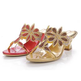 Summer Fashion Diamond Buckle Elegant Shoes 6cm Female Temperament Thick With Sandals Gold Red High Quality 240327