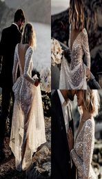 Sexy Sparkly Stunning Long Sleeve A Line Wedding Dresses Sheer Neck Long Sleeves Sequined Beach Wedding Dress Bridal Gown Vestido 7638189