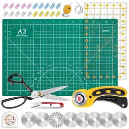 Whisperdam Set - Yellow Kit Including 45mm Rotary Cutter for Fabric, 8 Replacement Blades, A3 Cutting Mat, 9 Inch Sewing Scissors, Ruler, Clips and Tape