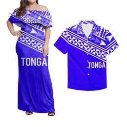 Polynesian Blue and White Tongan Tribal Print 2 Piece Sets 5xl Women Ruffle One Shoulder Maxi Dresses Matching Men Shirts