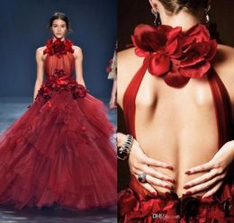 Marchesa Burgundy Prom Dresses High Neck 3D Flower Tiered Ruffles Backless Ball Gown Evening Dresses Formal Party Gowns1389783