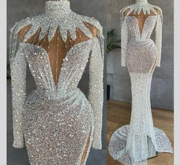 African Silver Sequins Mermaid Formal Evening Dresses 2022 With Long Sleeves High Neck Split Sparkly Beaded Prom Pageant Gowns Rob4378679