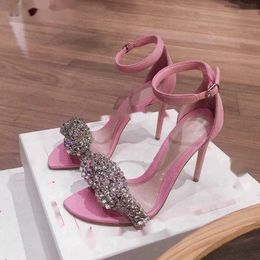 Sandals Pink Rhinestone High Heels Summer Square Toe Buckle Strap Banquet Dress Fashion 8cm Catwalk Women'S