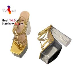 Dress Shoes Gold Narrow Band Sandals 2024 New Transparent Platform 14.5CM Crystal Chunky High Heels Women Square Toe Summer Catwalk H240321DVGE
