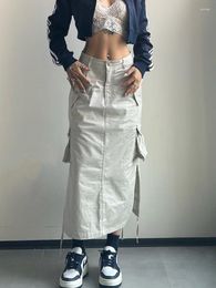 Skirts Long Cargo Skirt Women Y2k Streetwear Vintage Pocket High Waist Side Split Shirring Casual Straight Korean Faldas