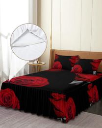 Bed Skirt Red Rose Flower Black Elastic Fitted Bedspread With Pillowcases Protector Mattress Cover Bedding Set Sheet
