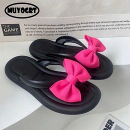 Slippers Korean Slik Bowtie Flip Flops Female Soft Sole Cloud Shoes Woman 2023 Summer Platform Flat Heels Sandals Women Slides H240325