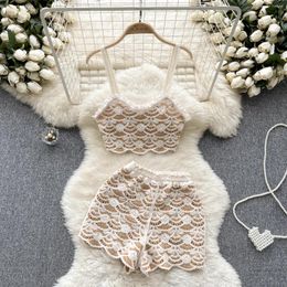 Women's Tracksuits 2024 Summer Fashion Sexy Swimming Suit Hollow Crochet Knitted Strapless Camisole Top Wide Leg Pants Shorts Two Piece Set