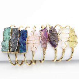 Natural Stone Bangles Cuff Copper Bracelets Druzy Women Gold-Color Wire Wrap Irregular Agate Crystal Quartz Girls Kids Jewelry 240315