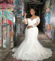 African Mermaid Plus Size Wedding Dresses 2020 New Design Court Train 34 Long Sleeve Sheer Lace Bridal Gowns Vestido De Noiva W1154273114