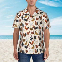 Men's Casual Shirts Cartoon Chicken Hawaiian Shirt Man Vacation Hens Roosters Short-Sleeve Y2K Street Custom Novelty Oversize Blouses