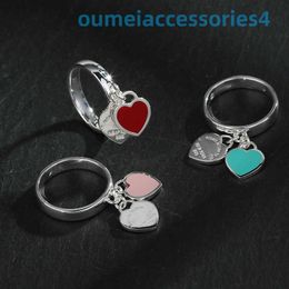 2024 Designer Luxury Brand Jewellery Band Rings Small 925 Sterling Silver Double Heart Tee Blue Dropped Enamel Couple Love Ring