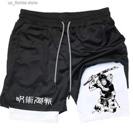 Men's Shorts Anime Performance Shorts Toji Printed Men GYM Casual Sports Shorts Workout Running Mesh 2 In 1 Sport Short Pants Y240331