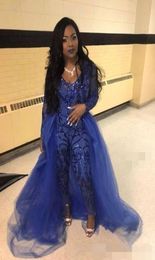 Royal Blue Long Sleeves Evening Dresses Sequins with Overskirt Tulle Jumpsuit Pants Suit Prom Ball Gown Formal Occasion Wear6344767