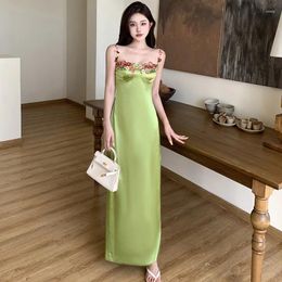 Casual Dresses Ladies Embroidered Flower Sling Tube Top High Waist Green Dress Home Beautiful Sexy