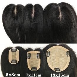 Toppers Straight Silk Base Women Topper With Clips In Base sizes Human Hair Women Toupee Natural Scalp Black Colour