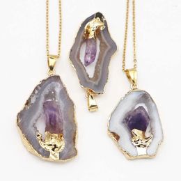 Pendant Necklaces Natural Crystal Hole Slice Inset Amethyst Lau Edge Dazzling Necklace Irregular Sweater Chain Fashion Jewellery Wholesale