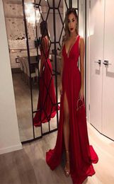 New Sexy abiye gece elbisesi Evening Gowns for Women VNeck High Side Slit ALine Sleeveless Simple Long Red Prom Dress4255177