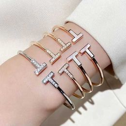 AA Designer Charm Bangle Bracelet TifanT Love Open Bracelet 18K Rose Gold Non fading Diamond Set Double T Bracelet for Women 91K6