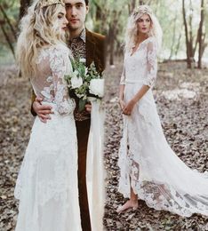 2021 Boho Wedding Dresses 12 Half Sleeves Lace Illusion Back High Low V Neck Custom Made Country Wedding Bridal Gown robe de mari7922548