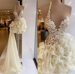 2023 White Ruffles Short Dresses Mini Prom Dress Beading Lace Sequins With Detachable Train Evening Dresses Ball Dresses5717866