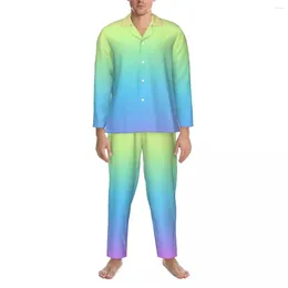 Men's Sleepwear Yellow Blue Pajamas Male Rainbow Print Cute Night Autumn 2 Pieces Casual Oversized Pattern Home Suit