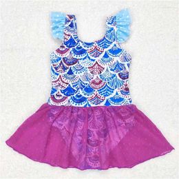 Clothing Sets Western Fashion Floral Scale Purple Tulle One-piece Swimsuit Long Sleeve Baby Girls Set Wholesale Children Clothes