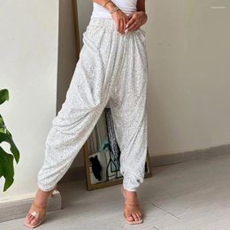 Women's Pants Sequin Dinner Party Trousers Women Lantern Elastic Waist Glitter For Wide Leg Solid Color Spring