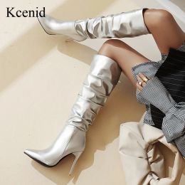 Boots Kcenid Silver Gold Knee High Boots Women Pleated Pointed Toe Thin High Heels Dres Party Shoes Autumn Winter Long Boots Woman