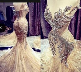 Major Beading Prom Dresses With Sheer Neckline Crystals Beads Luxury Mermaid Evening Dress Lace Up Back Celebrity Pageant Dress5239926