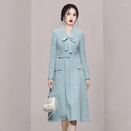 Casual Dresses Women Elegant Blue Tweed Dress Luxury Long Sleeve Bow Slim A-line Korean OL Temperament Fall Winter 2024