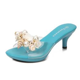 Dress Shoes Pearl Shell Decoration Slippers Summer Transparent Sandals Nightclub Thin High Heels Lovly Crystal Party Women Big Size H2403253