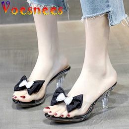 Dress Shoes New Rhinestone Slippers Sweet Crystal Butterfly-Knot Women Summer Transparent Thin High Heels Wedding Sandals H240325