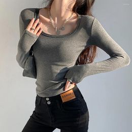 Women's T Shirts Spring Summer Slim Elastic Knitted Fabric Short T-Shirts Women Fashion Casual Long Sleeve O-Neck Black White Ladies