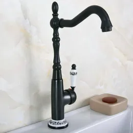 Kitchen Faucets Black Oil Rubbed Bronze One Ceramic Flower Handles Bathroom Basin Sink Faucet Mixer Tap Swivel Spout Deck Mounted Mnf650