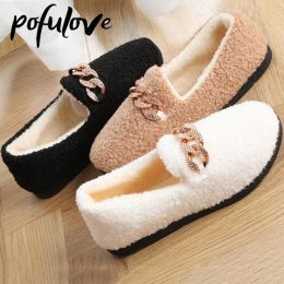 Flats Winter Women Cotton Slippers Warm Plush Household Slides Outdoor Boat Shoes Thick Sole Footwear NonSlip Solid Couple Sandals