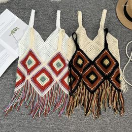 Women's Tanks Bohemian Hollow Short Knitted Blouse Summer Outer Wear Tassel Camisole Design Sense Ethnic Style