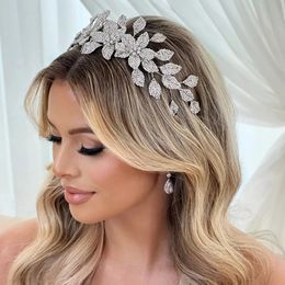 Luxury Flower Headband Wedding Crown Hair Accessories for Women Bridal Leaf Crystal Baroque Hairband Prom Jewelry 240311